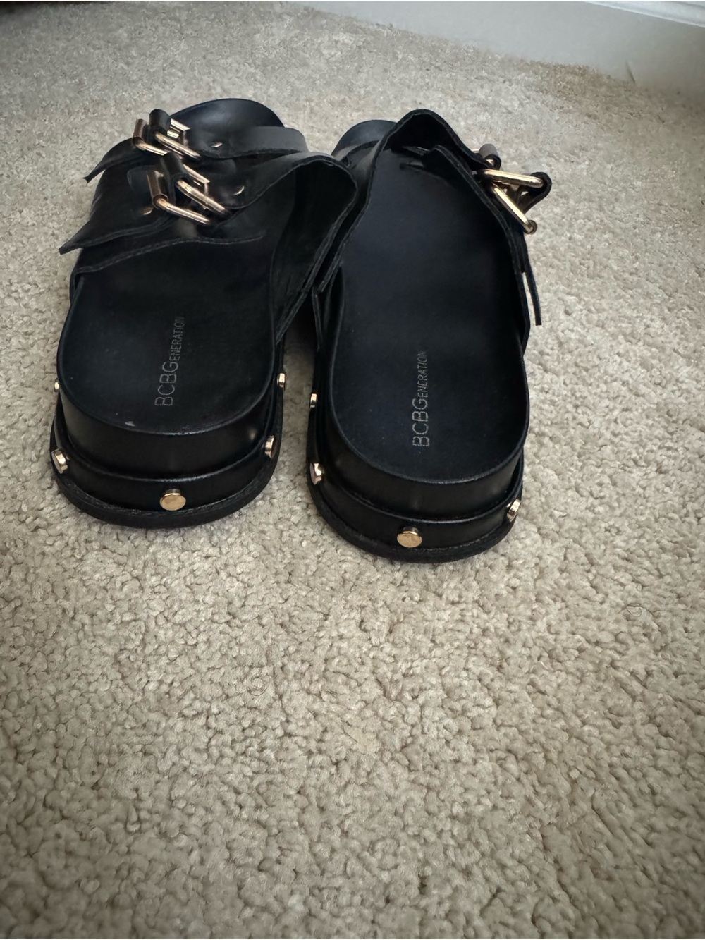 BCBGMaxAzria Black Double-Strap Slide Sandals with Gold Buckles - Picture 3 of 3